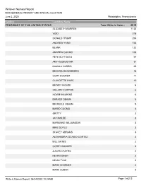 Write-In Names Report 2020 GENERAL PRIMARY and SPECIAL ELECTION June 2, 2020 Philadelphia, Pennsylvania