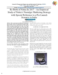 Re-Birth of Nokia in 2017 – an Empirical Study of Nokia’S Nostalgic Marketing Strategy with Special Reference to a Pre-Launch Scenario in India