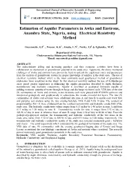 Estimation of Aquifer Parameters in Awka and Environs, Anambra State, Nigeria, Using Electrical Resistivity Method