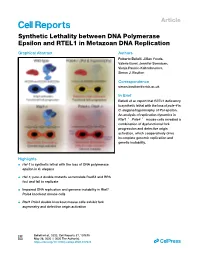Synthetic Lethality Between DNA Polymerase Epsilon and RTEL1 in Metazoan DNA Replication