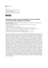 Springtime Nitrogen Oxides and Tropospheric Ozone in Svalbard: Local and Long-Range Transported Air Pollution