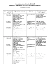 Swarnajayanti Fellowship- 2016-17 Final List of Applications Received from Eligible Candidates
