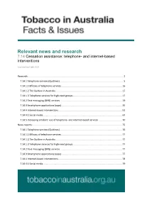 Relevant News and Research 7.14 Cessation Assistance: Telephone- and Internet-Based Interventions