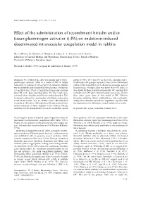 (T-PA) on Endotoxin-Induced Disseminated Intravascular Coagulation Model in Rabbits
