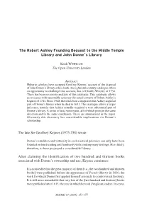 The Robert Ashley Founding Bequest to the Middle Temple Library and John Donne´S Library