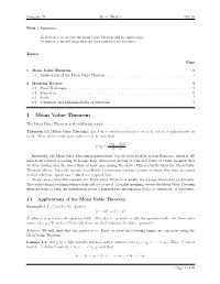 1 Mean Value Theorem 1 1.1 Applications of the Mean Value Theorem
