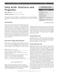 Fatty Acids: Structures and Introductory Article Properties Article Contents