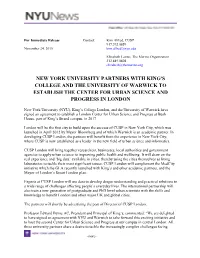 New York University Partners with King's College and the University of Warwick to Establish the Center for Urban Science and Progress in London