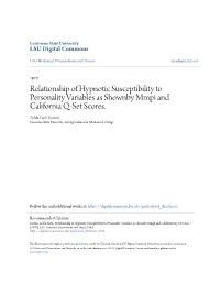 Relationship of Hypnotic Susceptibility to Personality Variables As Shownby Mmpi and California Q-Set Scores