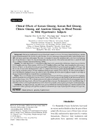 Clinical Effects of Korean Ginseng, Korean Red Ginseng, Chinese
