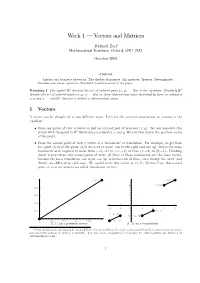 Week 1 – Vectors and Matrices