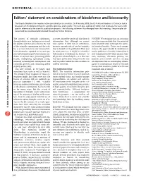 Editors' Statement on Considerations of Biodefence and Biosecurity