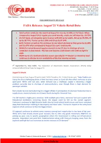 FADA Releases August'21 Vehicle Retail Data