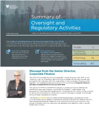 Summary of Oversight and Regulatory Activities