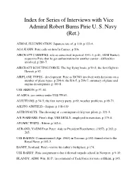 Index for Series of Interviews with Vice Admiral Robert Burns Pirie US Navy