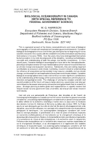 Biological Oceanography in Canada (With Special Reference to Federal Government Science)