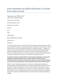 Joint Statement on Public Disclosure of Results from Clinical Trials