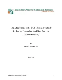 The Effectiveness of the IPCS Physical Capability Evaluation Process for Food Manufacturing a Validation Study