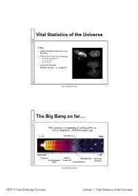 Vital Statistics of the Universe the Big Bang So Far…