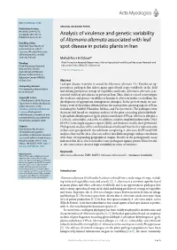 Analysis of Virulence and Genetic Variability of Alternaria Alternata