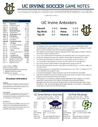 UC Irvine SOCCER GAME NOTES