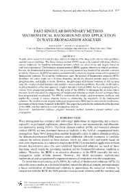 Fast Singular Boundary Method: Mathematical Background and Application in Wave Propagation Analysis