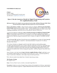 Opera Colorado Announces Details for Digital Programming and Launches OC Amplified Resilience Fund