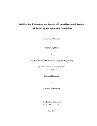 Stabilization, Estimation and Control of Linear Dynamical Systems with Positivity and Symmetry Constraints