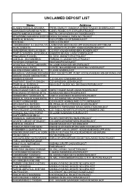 Unclaimed Deposit List