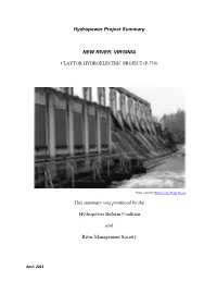 Hydropower Project Summary NEW RIVER, VIRGINIA This Summary