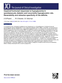 Impaired Hormonal Responses to Hypoglycemia in Spontaneously Diabetic and Recurrently Hypoglycemic Rats