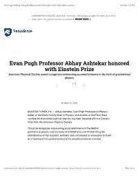 Evan Pugh Professor Abhay Ashtekar Honored with Einstein Prize | Penn State University 6/10/20, 4:53 PM
