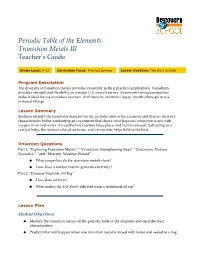 Program Description the Diversity of Transition Metals Provides Versatility in Their Practical Applications