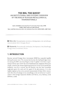 Too Big, Too Quick? an Institutional and Systemic Overview of the Rise of Russian Metallurgical Transnationals
