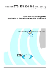 DVB); Specification for Service Information (SI) in DVB Systems