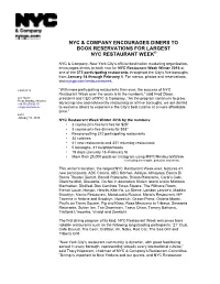 Nyc & Company Encourages Diners to Book Reservations for Largest Nyc Restaurant Week