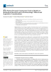 Why Protect Decapod Crustaceans Used As Models in Biomedical Research and in Ecotoxicology? Ethical and Legislative Considerations