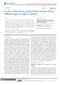 In Vitro Anthelmintic Activity of Leaf Extracts of Four Different Types of Calamus Species