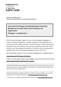 Westminsterresearch Assessing the Exchange of Knowledge Between Operations Management and Other Fields