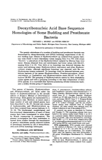 Deoxyribonucleic Acid Base Sequence Homologies of Some Budding and Prosthecate Bacterla RICHARD L