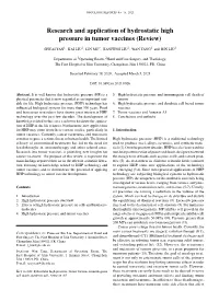 Research and Application of Hydrostatic High Pressure in Tumor Vaccines (Review)