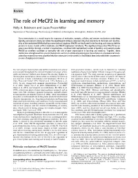The Role of Mecp2 in Learning and Memory