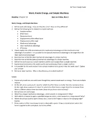 Work, Kinetic Energy, and Simple Machines Reading: Chapter 10 Quiz on Friday, Nov 2