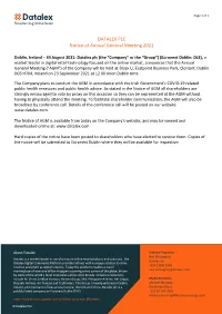 DATALEX PLC Notice of Annual General Meeting 2021