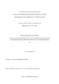 Cultural Roots of Technology: an Interdisciplinary Study of Automated Systems from the Antiquity to the Renaissance
