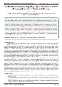 Availability of Institutions Imparting Higher Education: a Review (A Comparative Study of Punjab and Haryana)