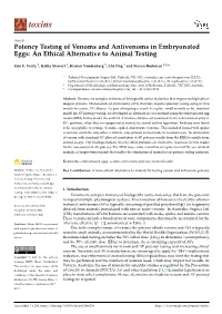 Potency Testing of Venoms and Antivenoms in Embryonated Eggs: an Ethical Alternative to Animal Testing