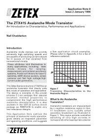 The ZTX415 Avalanche Mode Transistor an Introduction to Characteristics, Performance and Applications