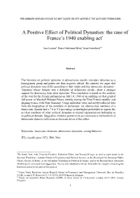 A Positive Effect of Political Dynasties: the Case of France's 1940 Enabling