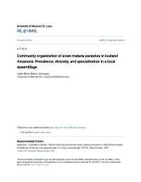 Community Organization of Avian Malaria Parasites in Lowland Amazonia: Prevalence, Diversity, and Specialization in a Local Assemblage